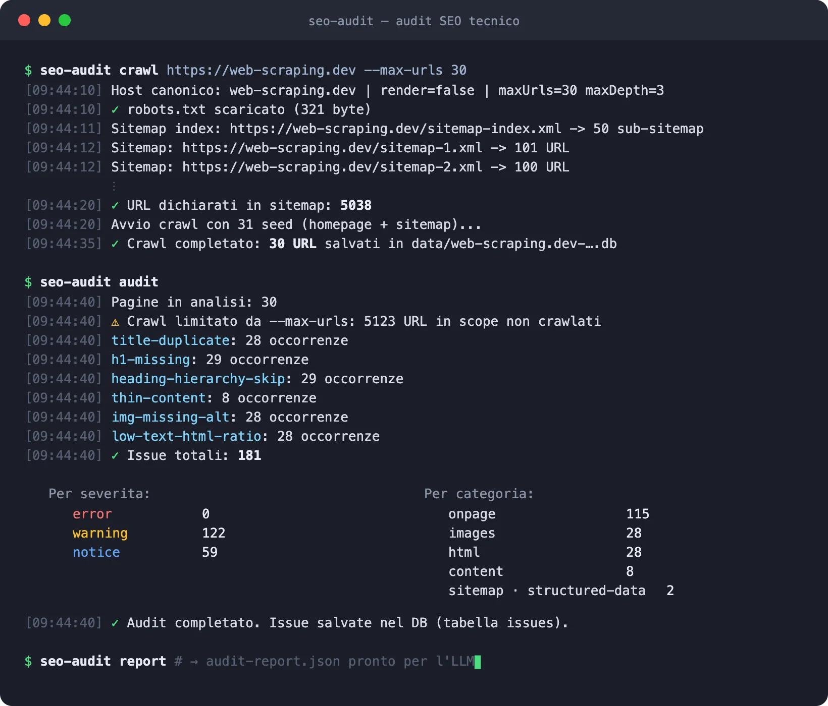 Il tool in azione dal terminale: crawl del sito, audit con le issue per severità e categoria, report JSON pronto per l'AI